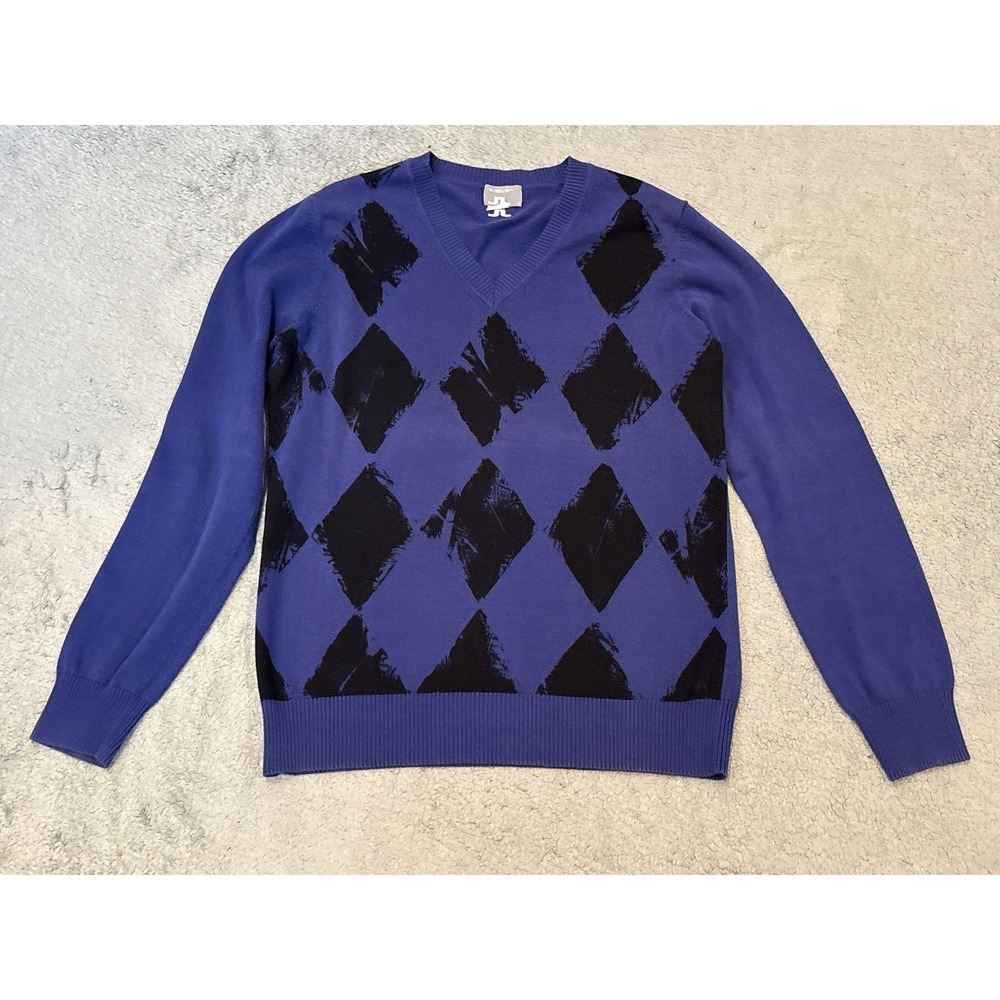 J.Lindeberg Mens Blue Black Argyle V-Neck Cotton Sweater Large 96MG732897402